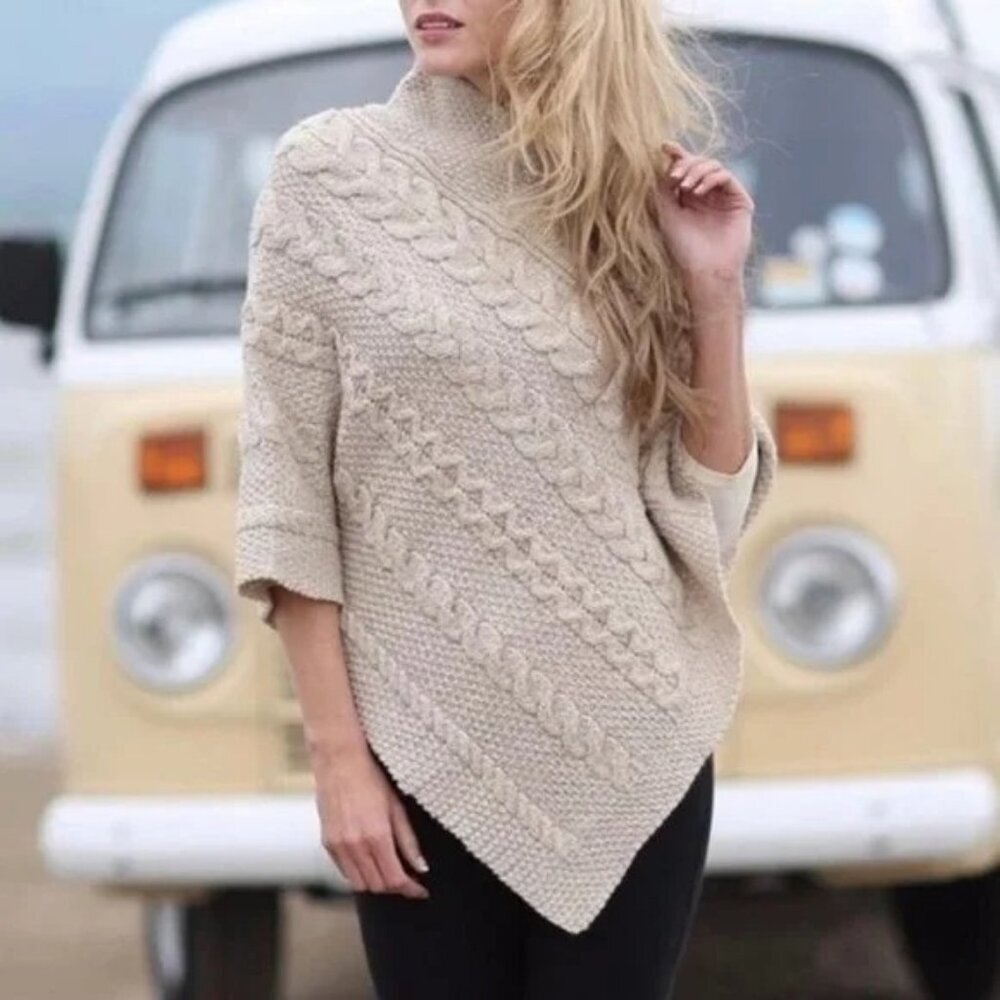 Inis Crafts Size S/M Beige Merino Wool Cable Knit Poncho High Neck Chunky